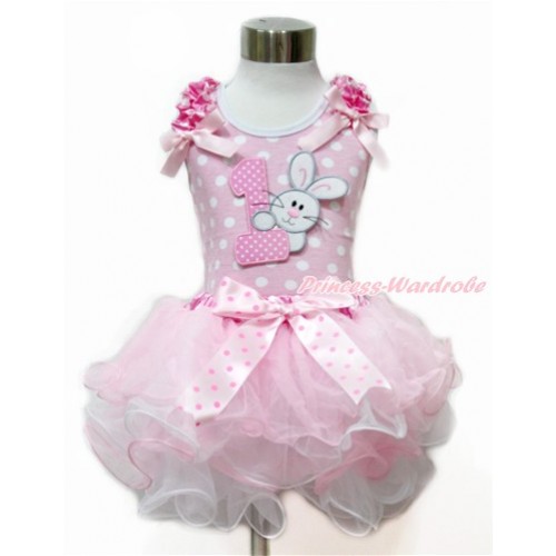 Easter Light Pink White Dots Baby Pettitop with Hot Pink White Dots Ruffles & Light Pink Bow with 1st Light Pink White Dots Birthday Number & Bunny Rabbit Print with Hot Pink White Polka Dots Waist Light Pink White Petal Newborn Pettiskirt NP070 